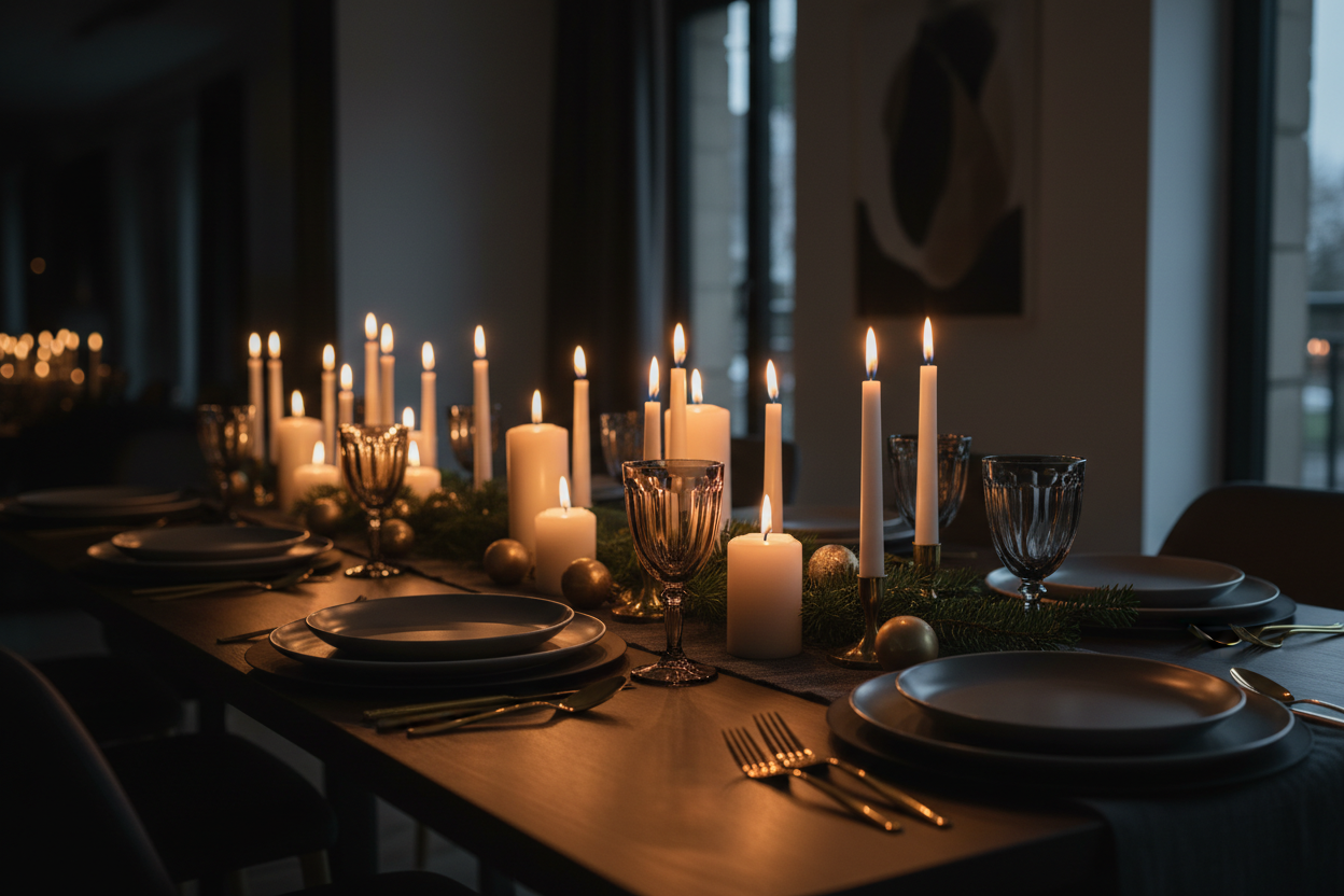 dark room moody modern candlelit holiday dinner table